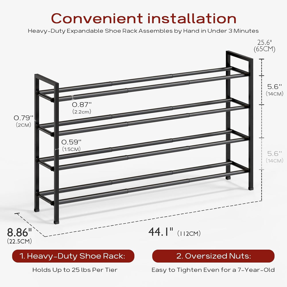 Bumusty 4 Tier Long Expandable Shoe Rack for Closet, Black