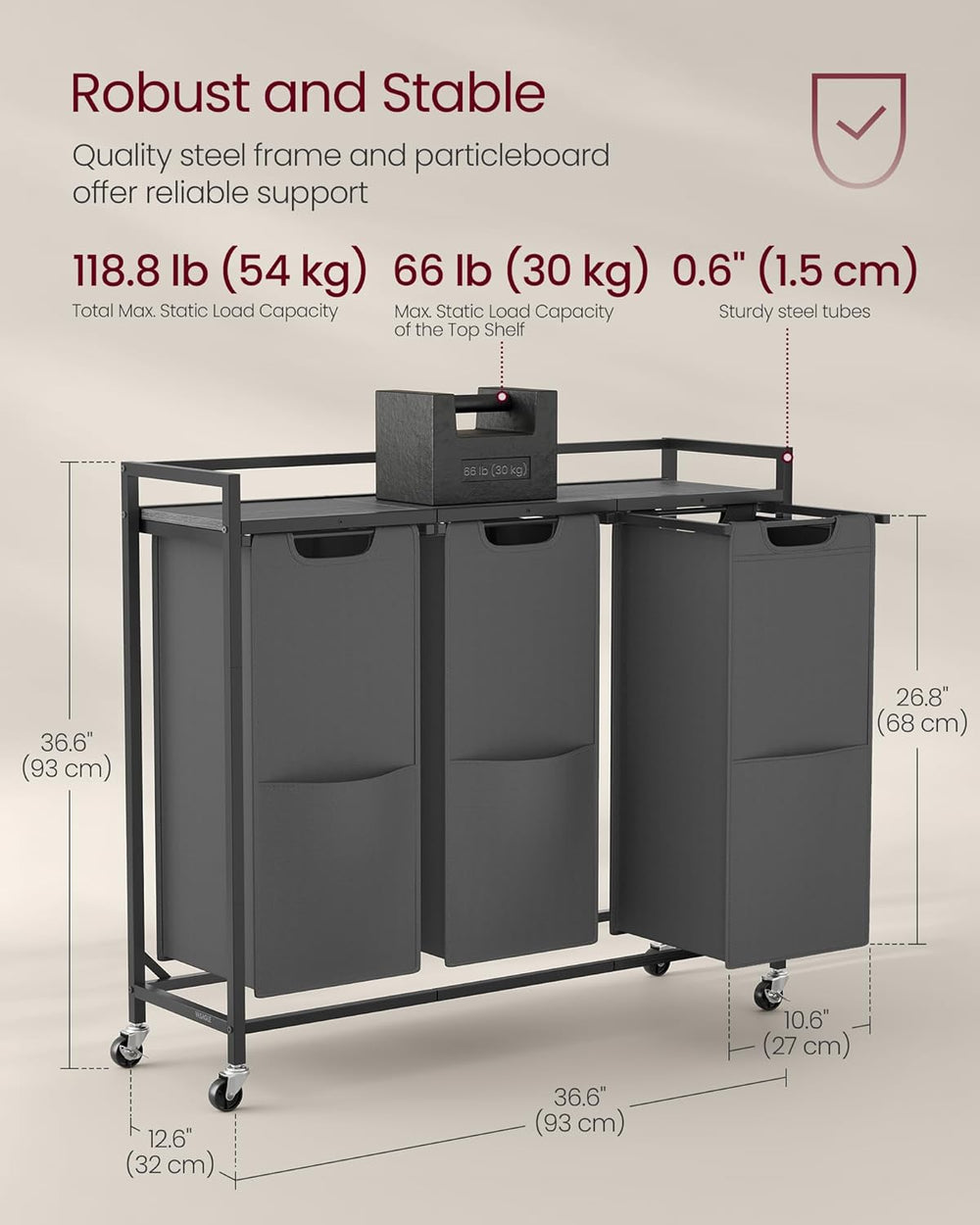 VASAGLE Laundry Sorter 3 Section, Rolling Cart with Shelf 43.5 Gal. (165 L)