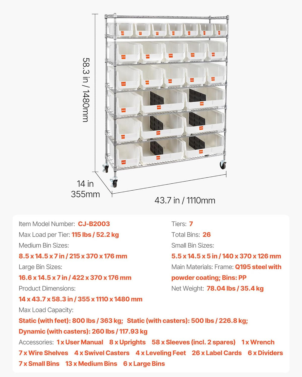 VEVOR 7-Tier Rolling Bin Storage Rack, 26 Organizer Bins, Bin Rack Storage St...