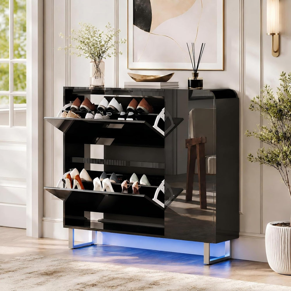VINGLI Black Shoe Cabinet with LED Lights, Narrow Shoe Storage Organizer with...