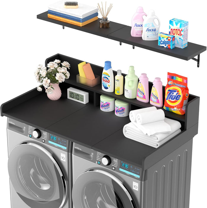 Kikihouse Washer Dryer Countertop with Floating Shelf, Wooden Laundry Countertop Over Washer and Dryer with Storage, 2-Tier Anti-Slip Laundry Machine Topper (Black)
