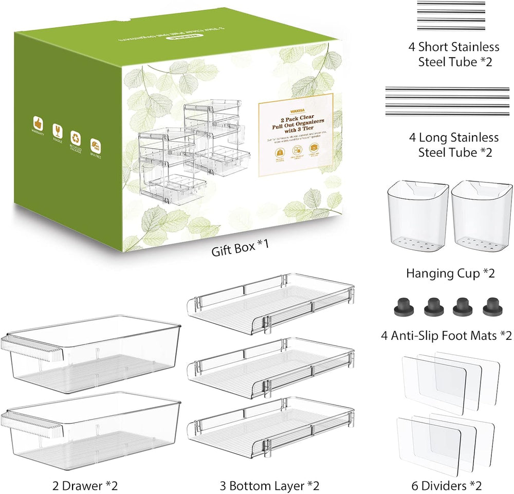 WAKISA 2Pcs Pull Out Organizer and Storage with Cups and Removable Dividers