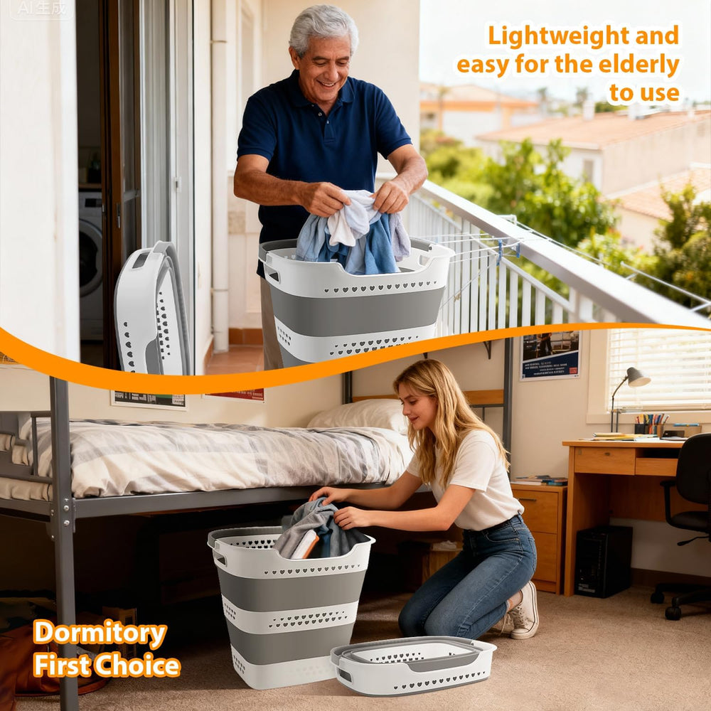 2 Pcs 42L Medium Collapsible Plastic Laundry Basket with Handles, Foldable La...
