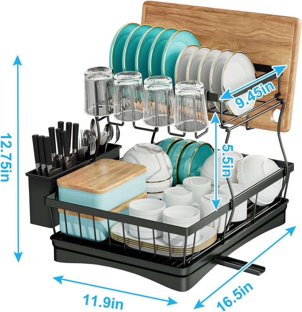 7 code 2-Tier Large Dish Drying Rack for Kitchen Counter, Black