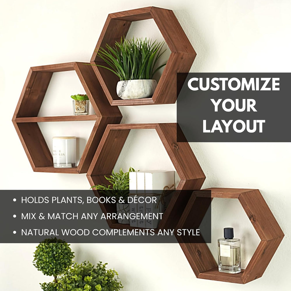 LABEND HOME Hexagon Floating Shelves Set of 4 - Solid Wood Wall Mounted Shelv...