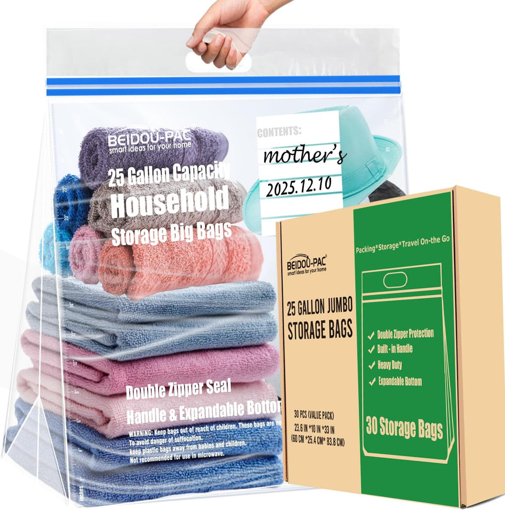 BEIDOU-PAC 25 Gallon Jumbo Storage Bags with Handle, 30 Counts | Double Zippe...