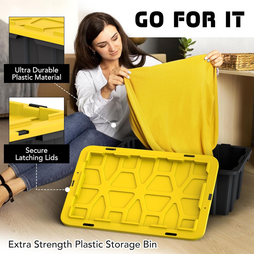 8 PACK of 12 Gallon Medium Black & Yellow Storage Bins | Plastic Tote Org...