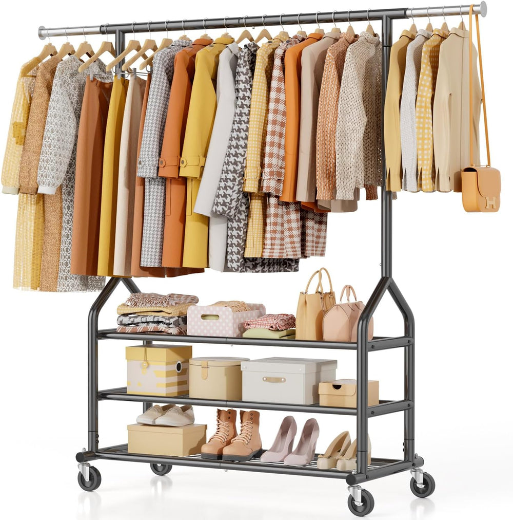 EAGMAK Heavy Duty Clothes Rack Load 556 LBS, Rolling Clothing Rack With 3 She...