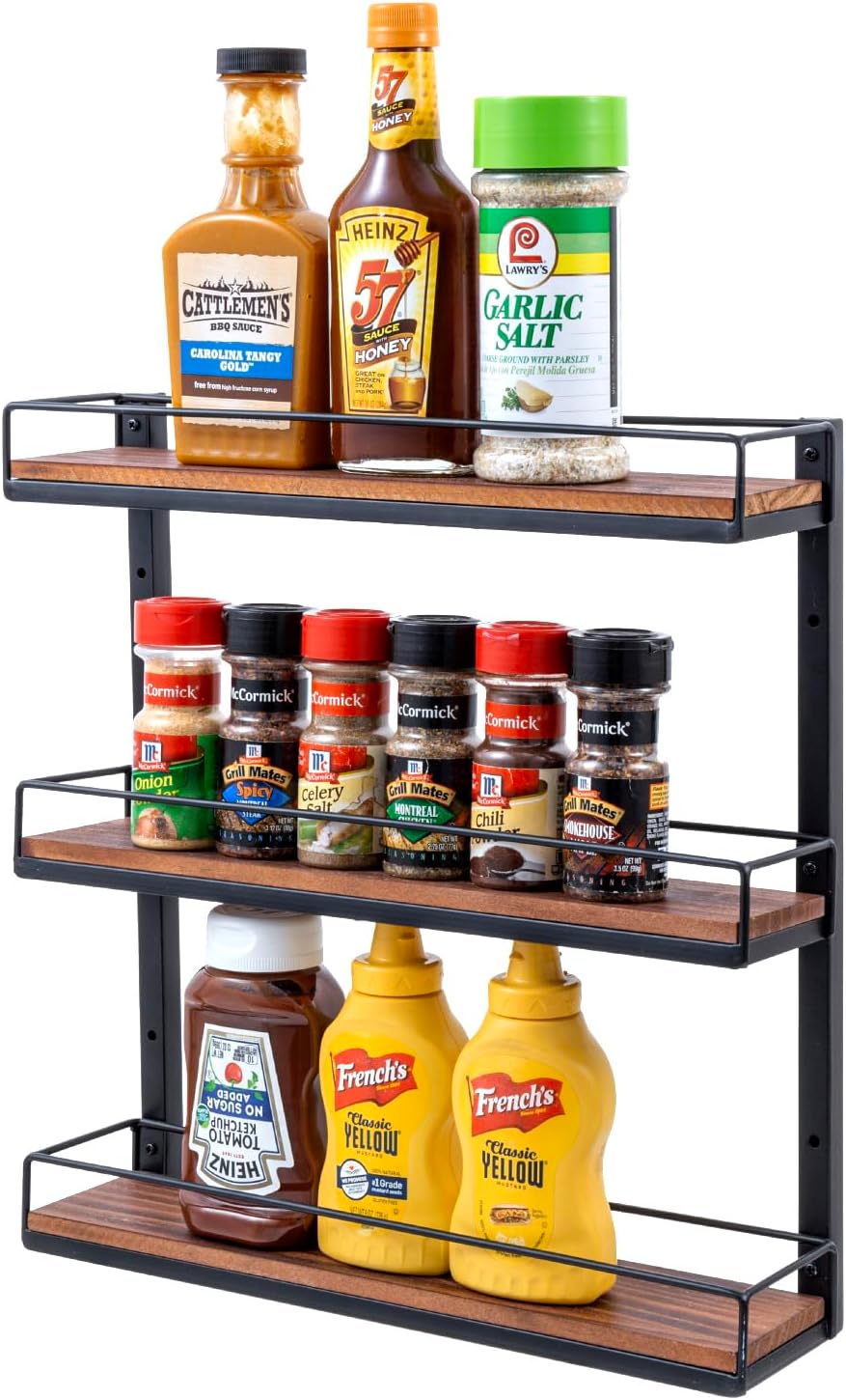 MyGift 3 Tier Spice Rack, Black Metal & Burnt Wood Wall Shelf