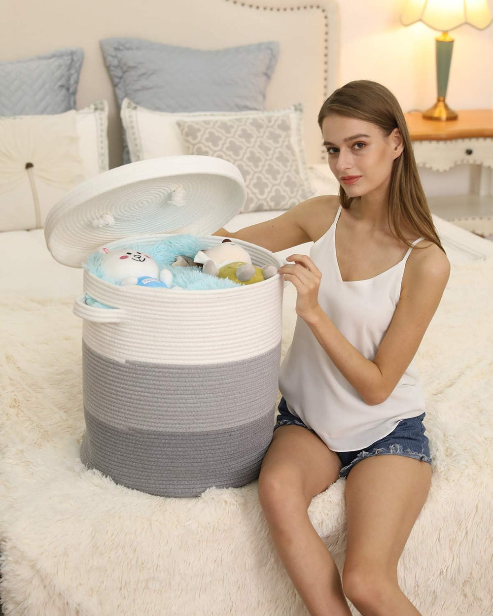16x18 Inch Extra Large Round Cotton Rope Storage Basket with Lid, Decorative ...