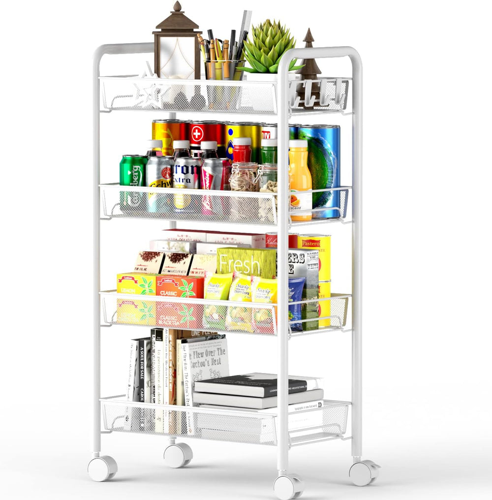 4-Tier Mesh Rolling Cart - 35 BLS/Tier Full Metal Cart with Wheel & 4 Hooks
