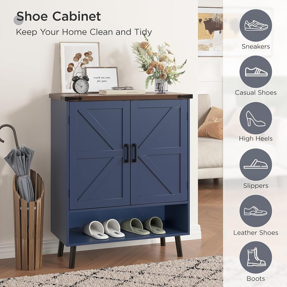 Vabches 34" Tall Farmhouse Shoe Storage Cabinet with Barn Doors, Navy Blue