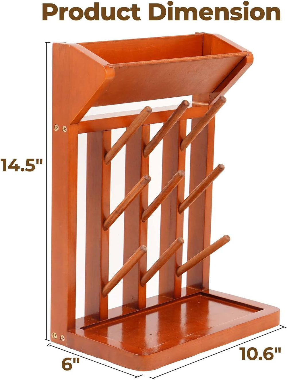Brown Vertical Bottle Drying Rack Rubber Wood 9 Hooks, Use for Bottles, Cups,...