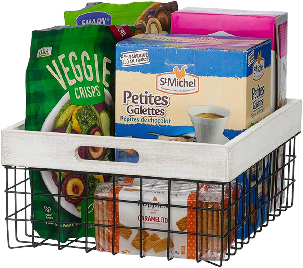 Set of 3 Metal Wire Baskets for Organizing Wood Top with Handles Storage Orga...