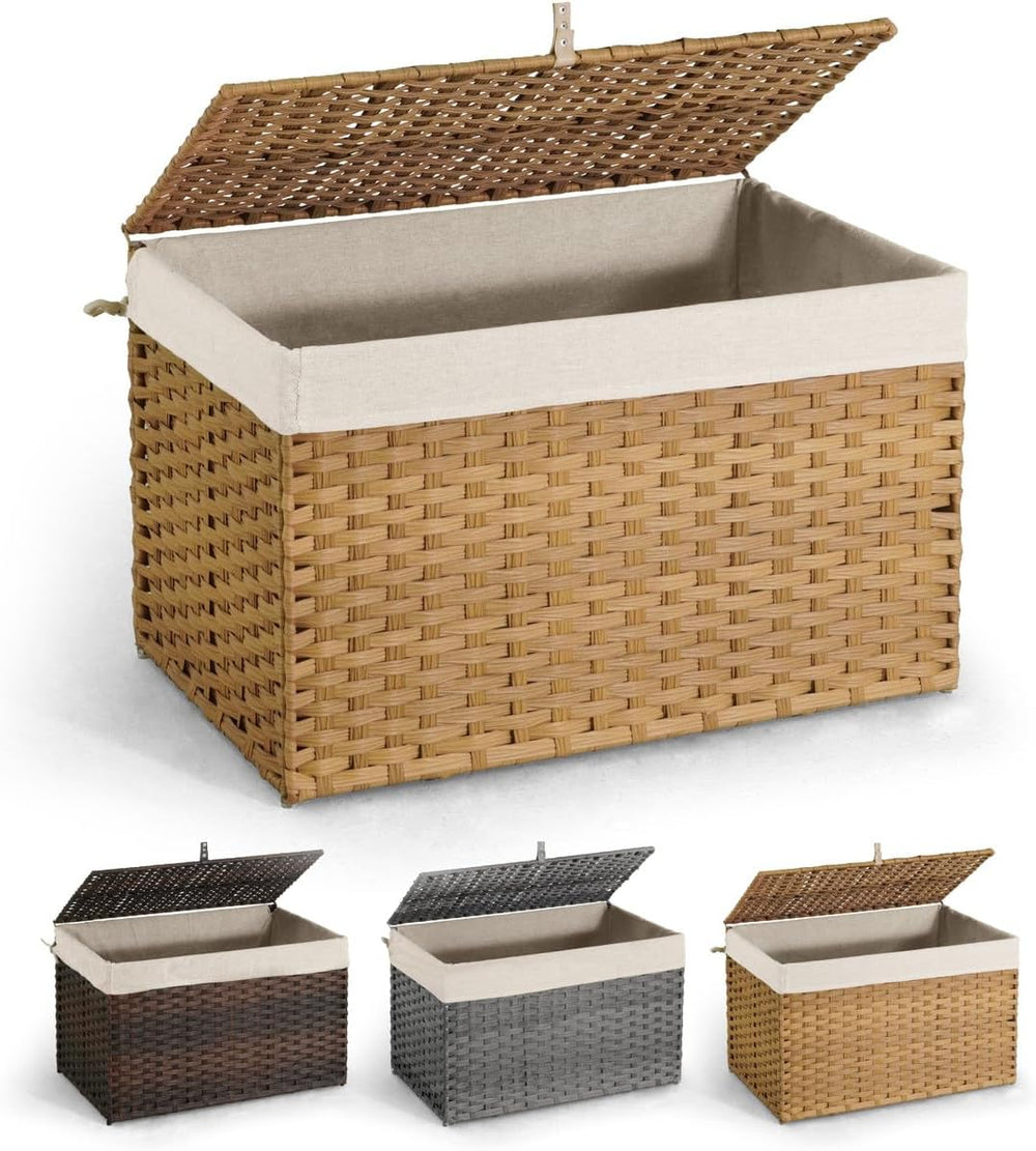 CAPHAUS Handwoven Synthetic Rattan Storage Basket w/Lid, Foldable Clothes Bas...