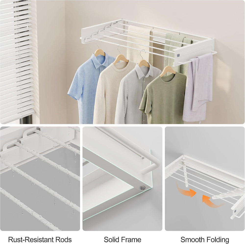 JOOM Wall Mounted Clothes Drying Rack,31.5 Inch Foldable Rack,White,Poles