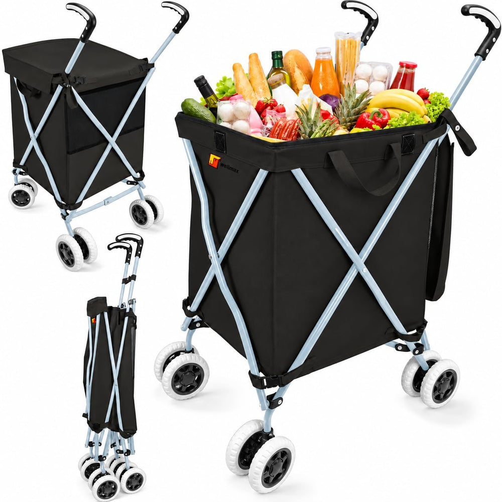 Wellmax Folding Shopping Cart with Canvas Bag & Cover, Holds 120 lb, Black