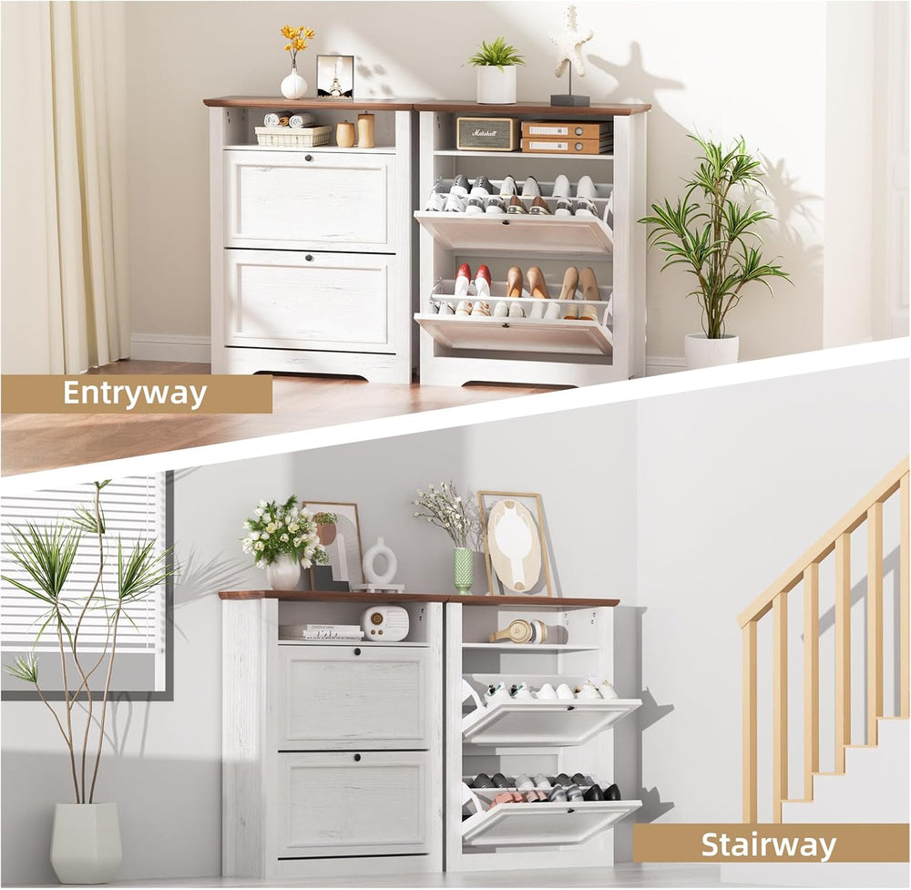39" Farmhouse Shoe Storage Cabinet with 2 Flip Drawers and Adjustable En...