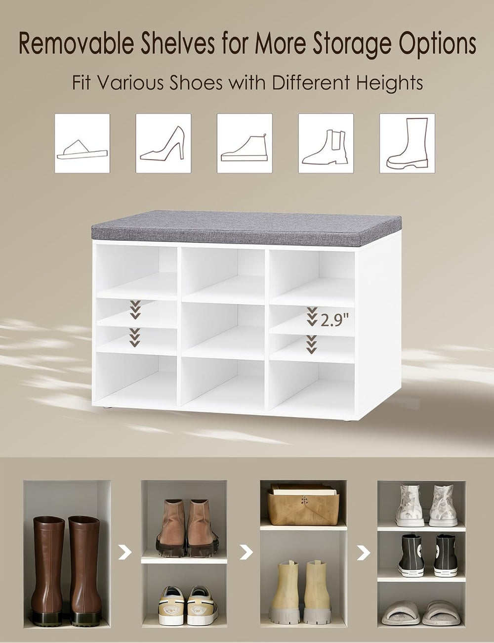 DINZI LVJ Shoe Storage Bench with Cushion, 31.5" Cubby Shoe Rack, 9 Cubbies