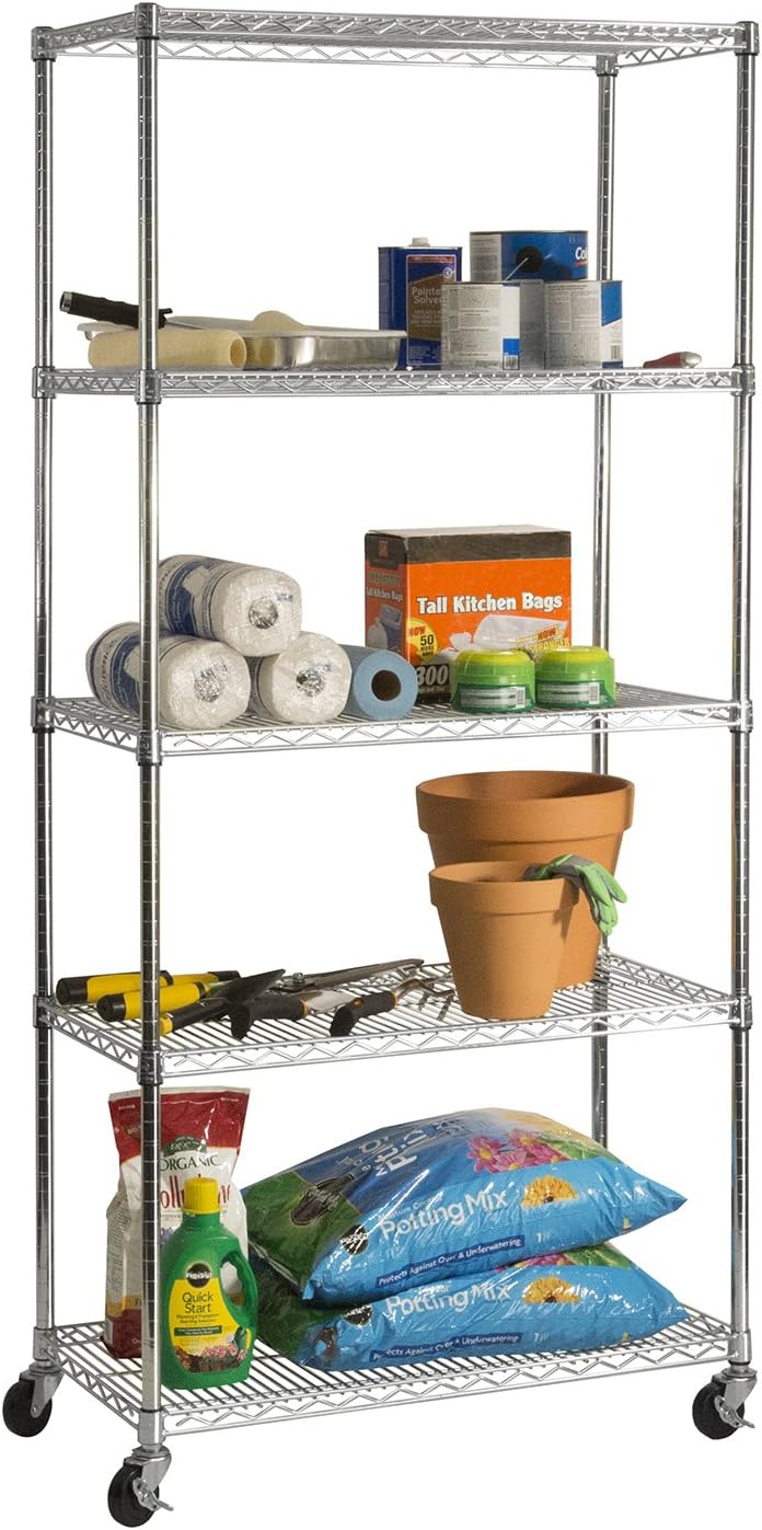 UltraDurable Commercial-Grade 5-Tier Steel Wire Shelving with Wheels, 36&quot...