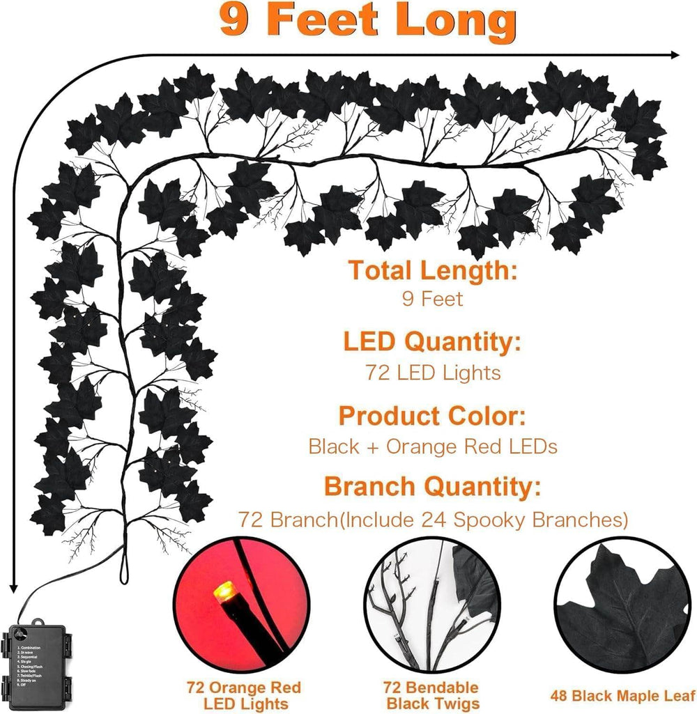 9 FT 72 LED Willow Vine Twig Decor Black Halloween Garland with Orange Lights...