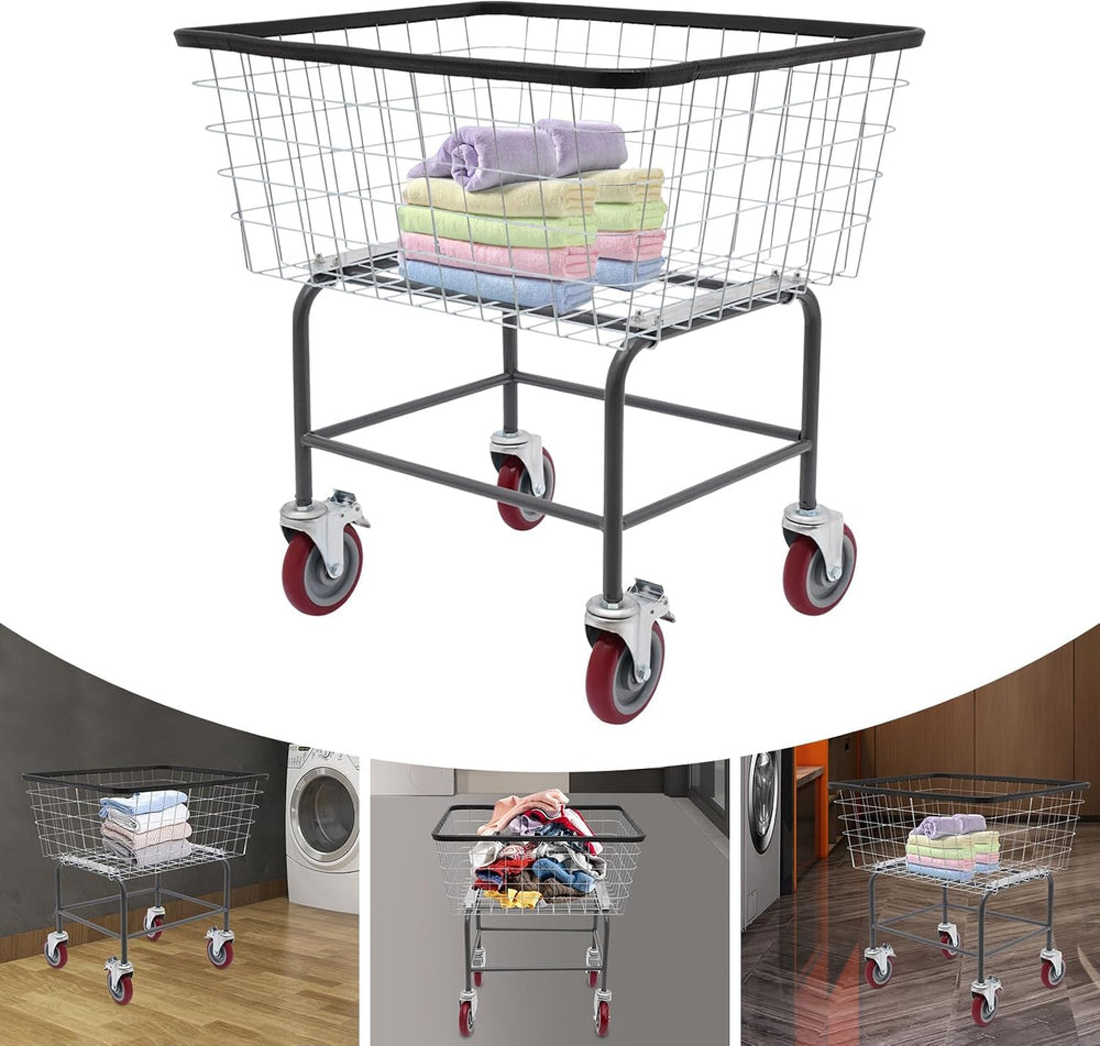 Heavy Duty Steel Wire Laundry Cart with Wheels, Rolling Laundry Basket Galvan...