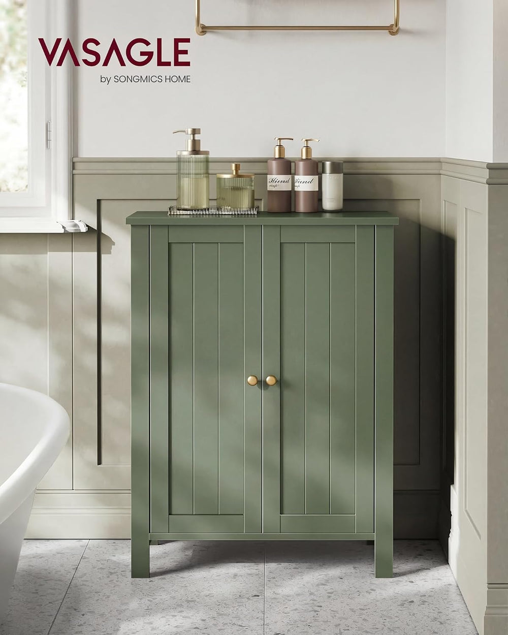 VASAGLE Bathroom Floor Storage Cabinet, 2 Doors , Forest Green