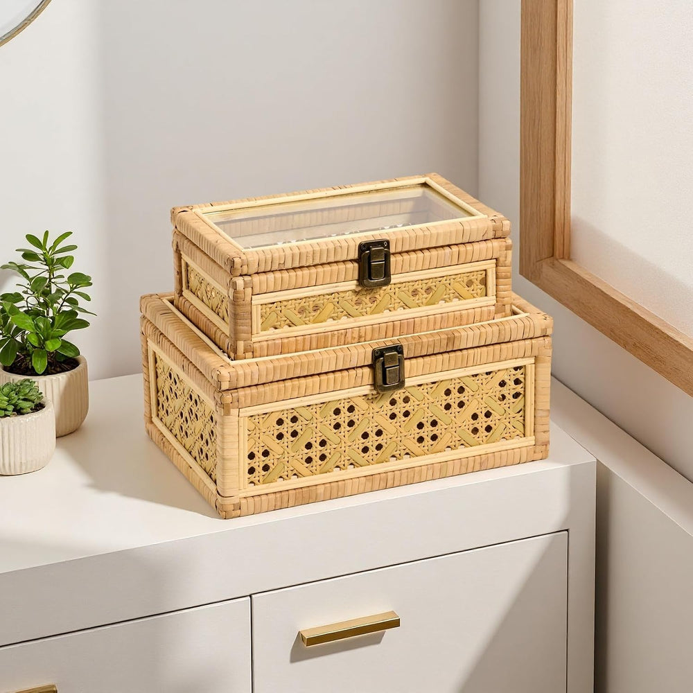 2PCS Decorative Rattan Boxes Handmade Natural Wicker Boho Baskets