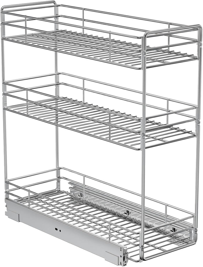 ROOMTEC 3-Tier Pull Out Cabinet Organizer for Narrow Cabinet (5.5" W X 20.5" D), Kitchen Cabinet Organizer and Storage Cabinet Pull Out Shelves Under Cabinet Storage for Kitchen, Chrome