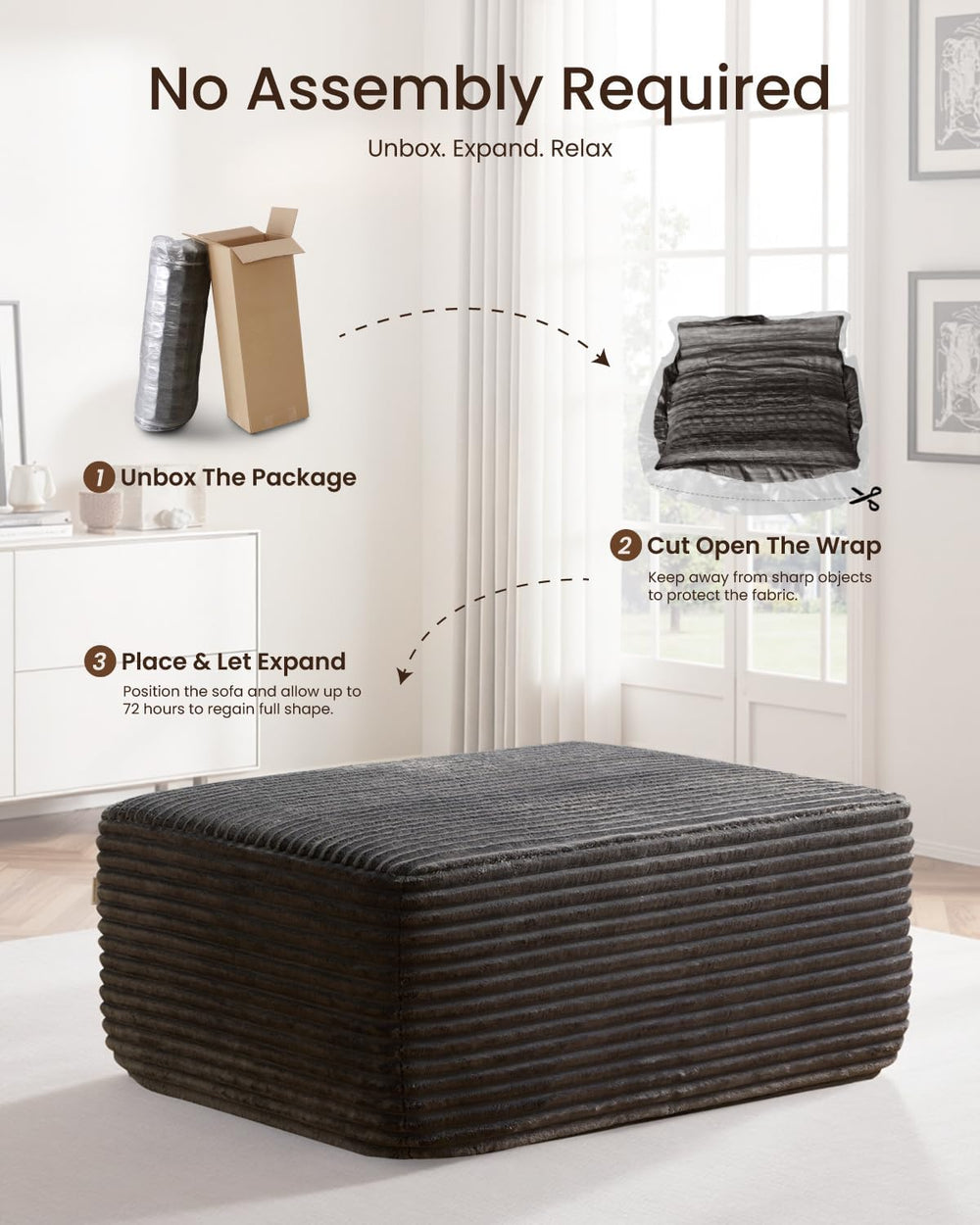 37" Plush Boneless Ottoman, Upholstered Cloud Footrest for Boneless Couc...