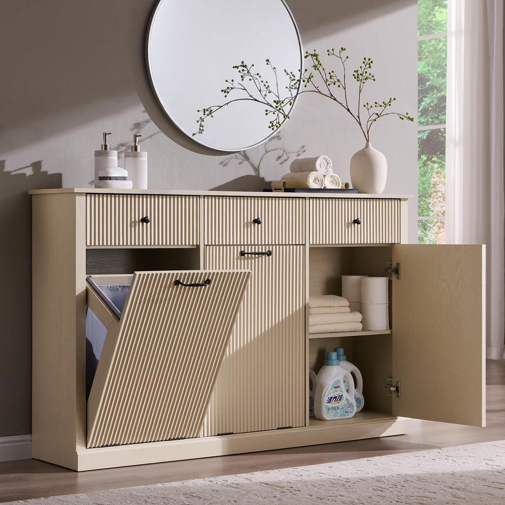 IFBUY Triple Tilt Out Laundry Hamper Cabinet, Trash Can Cabinet, Cream