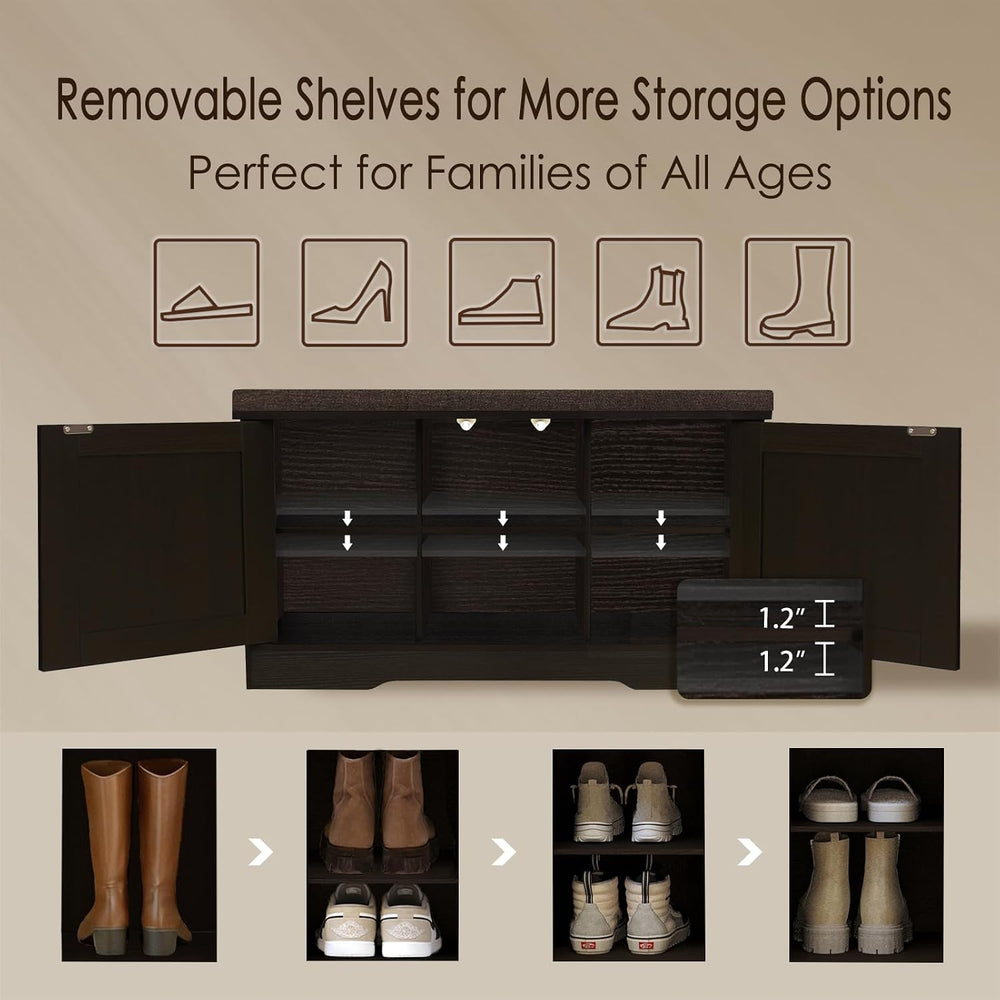 DINZI LVJ Shoe Storage Bench with Cushion, Door, Espresso 31.5" LX17.7 H