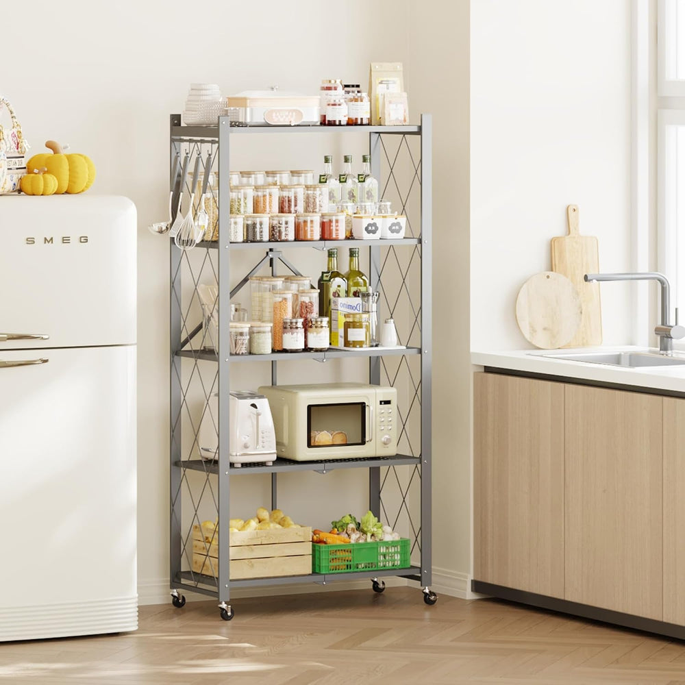 Fenbeli Foldable Shelves with Wheels - 5 Tier Folding Shelf, Collapsible No A...