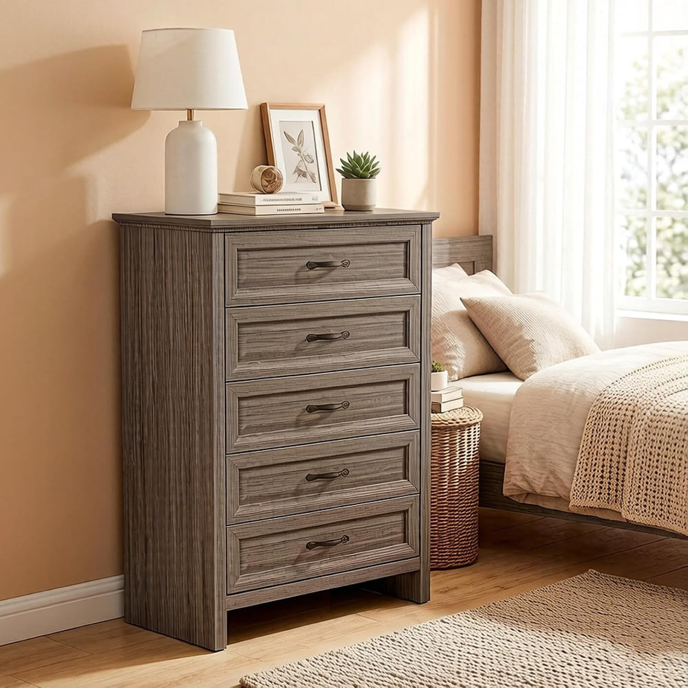 Pipishell 5 Drawers Dresser, 42.7 Inch Tall Wood Chest of Drawers, Gray