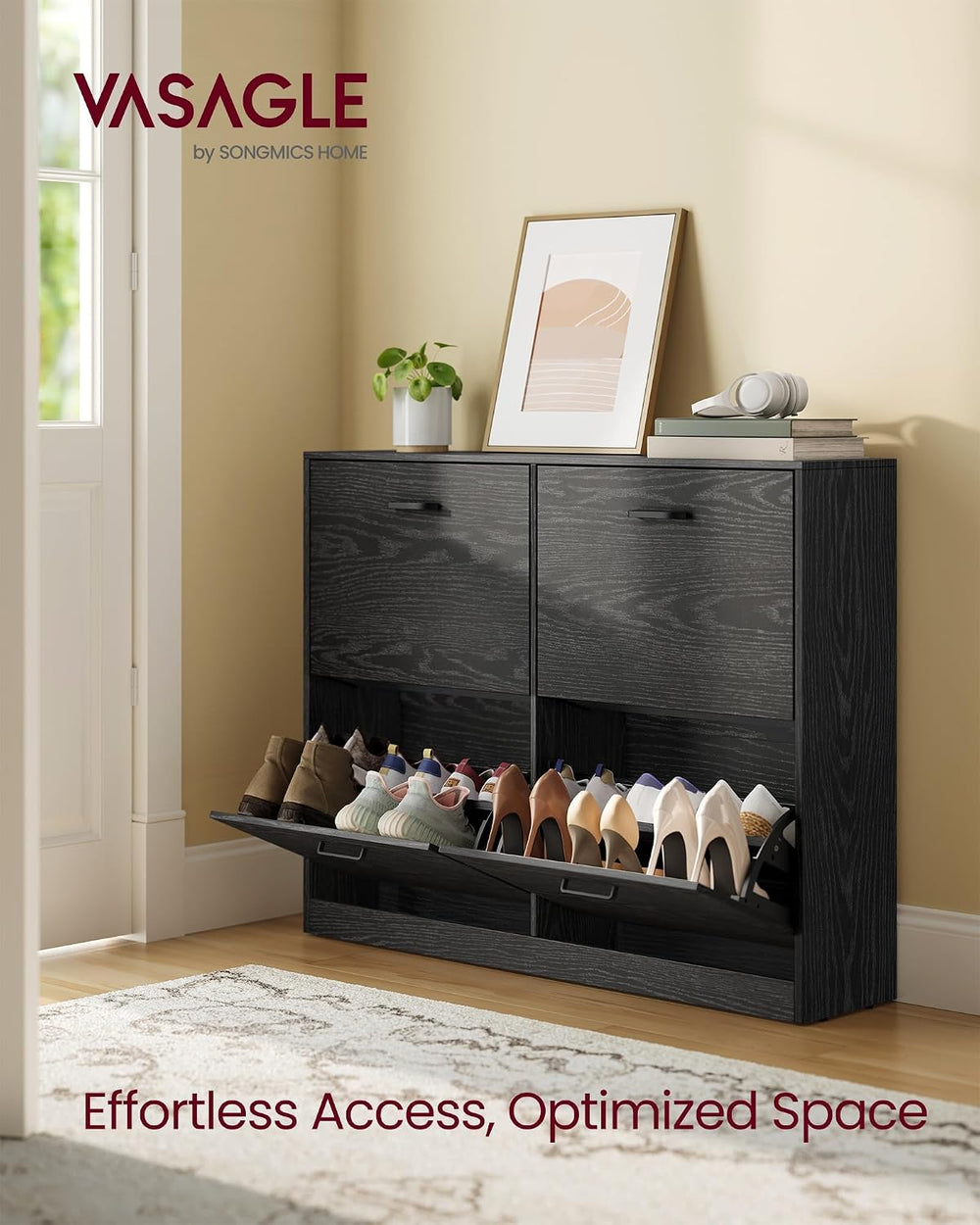 VASAGLE Shoe Cabinet with 4 Flip Doors, for 16-28 Pairs of Shoes