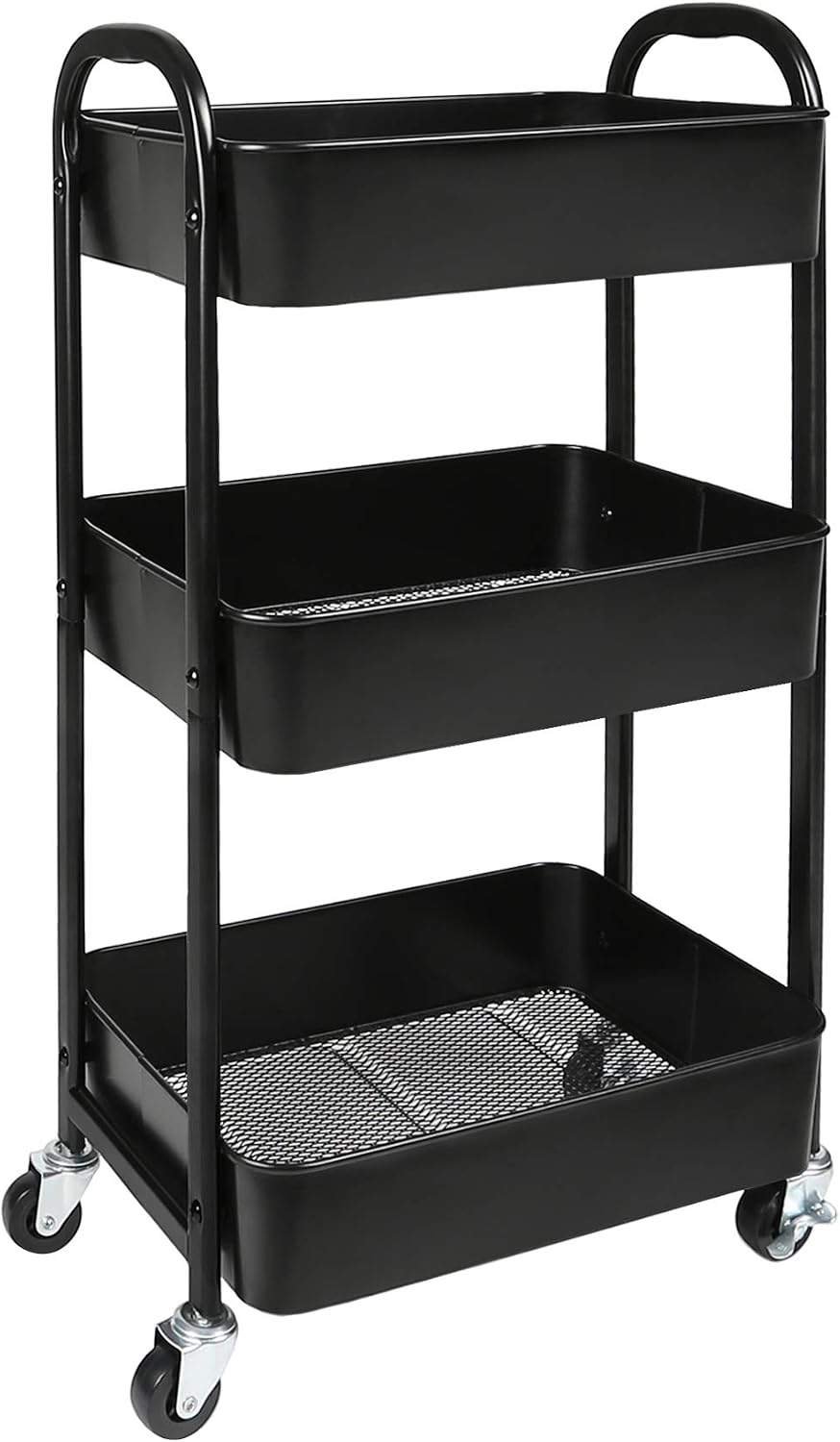 3-Tier Rolling Utility Cart with Caster Wheels Easy Assembly, Black