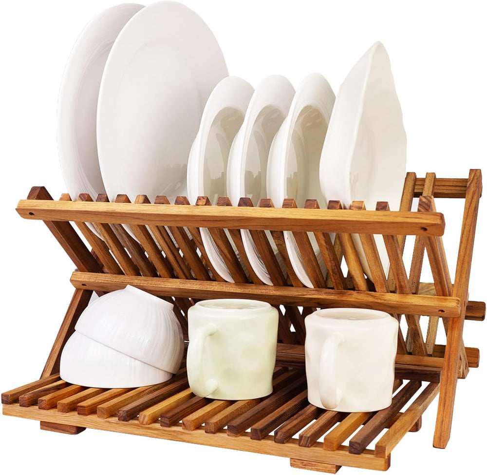 Utoplike Teak Dish Drying Rack Collapsible, Large Dishes Draine 3 Tier