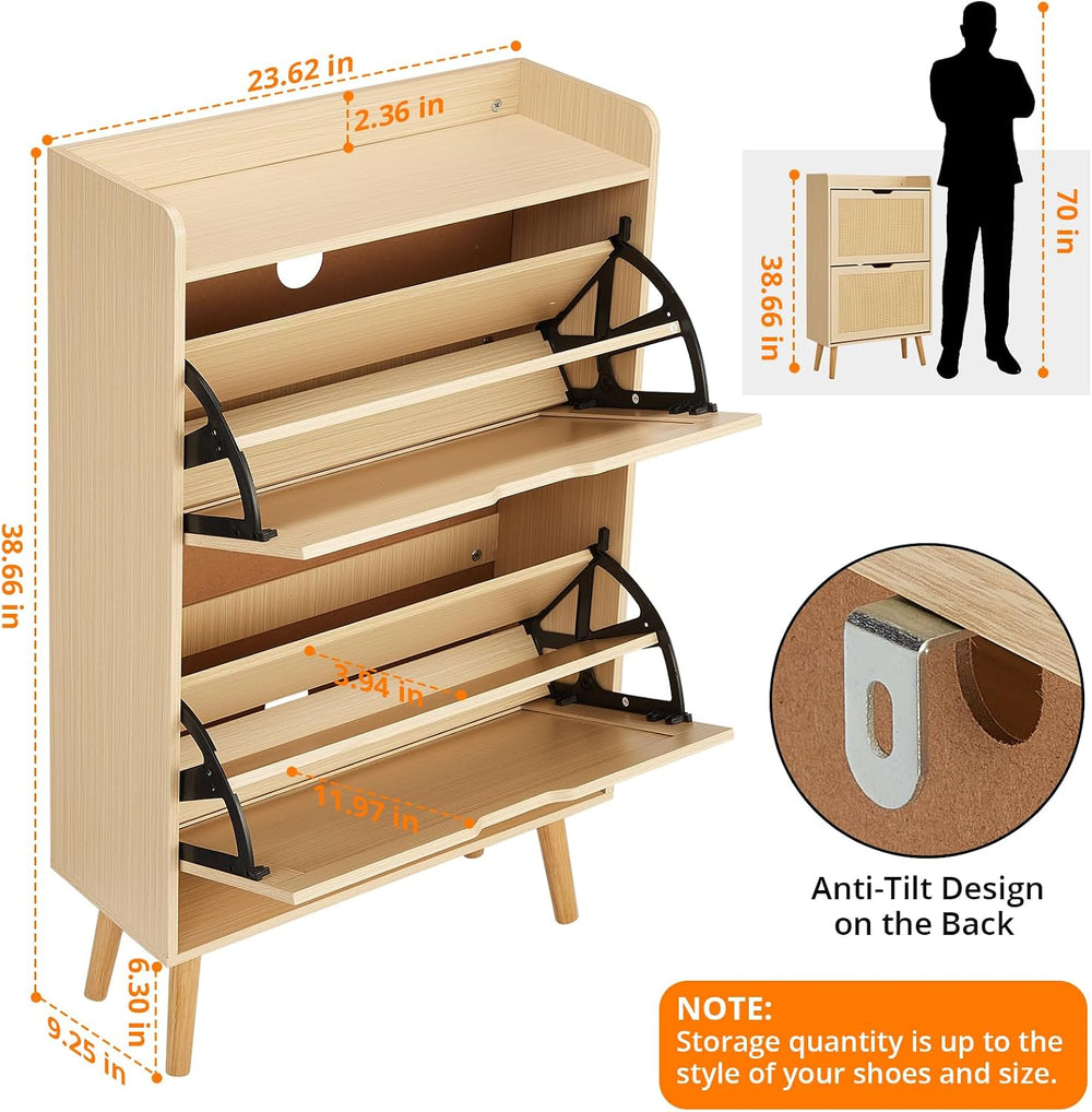 Natural Woven Rattan 2-Tier Shoe Cabinet, Narrow 9.25-Inch Depth with Flip-Dr...