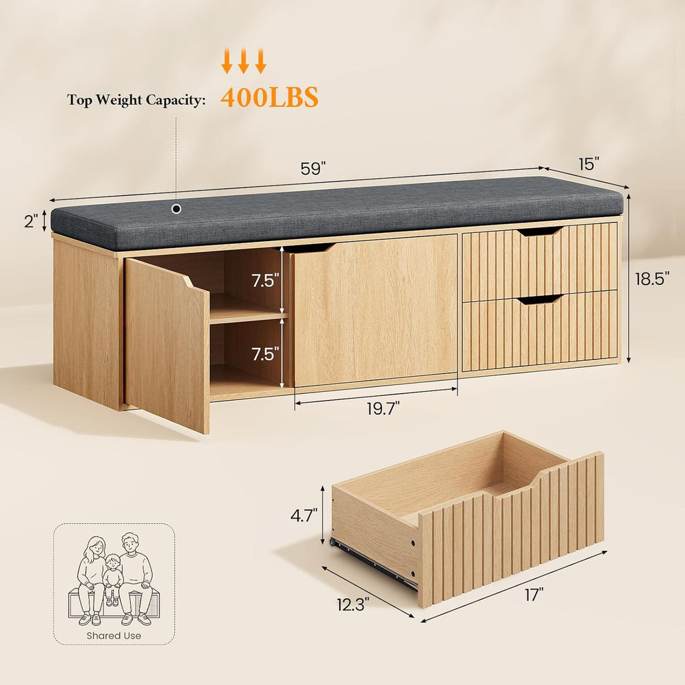 59" Storage Bench with Drawer, 2-Tier Shoe Bench with Storage, Long Entr...