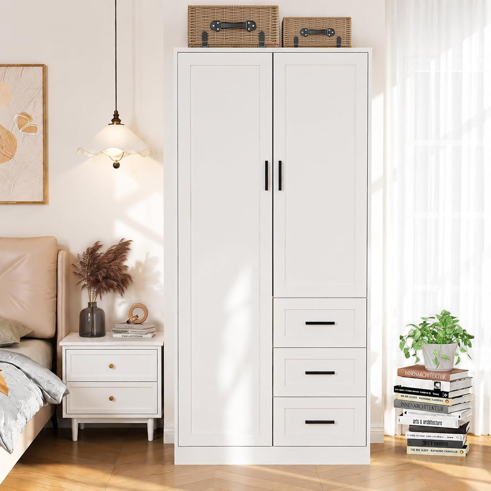 Wardrobe Closet with Doors, Bedroom Armoire with 3 Drawers and Hanging Rod