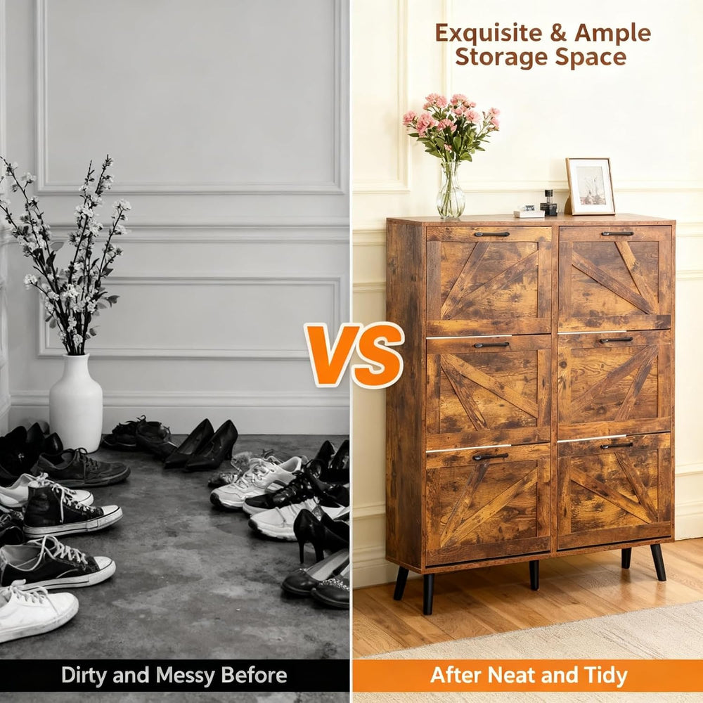 VINGLI 6 Flip Drawer Shoe Cabinet for Entryway, Rustic Brown Shoe Storage Cab...