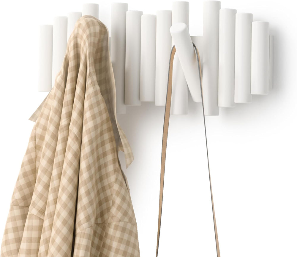 Umbra Picket Coat Rack, Wall Mount 5 Flip-Down Coat Hooks, White