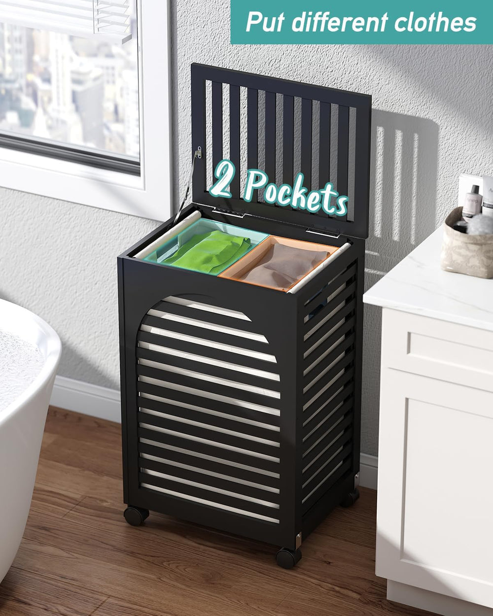 Black Laundry Hamper with Wheels, Laundry Basket with Lid, 22.5 Gallon (85L) ...