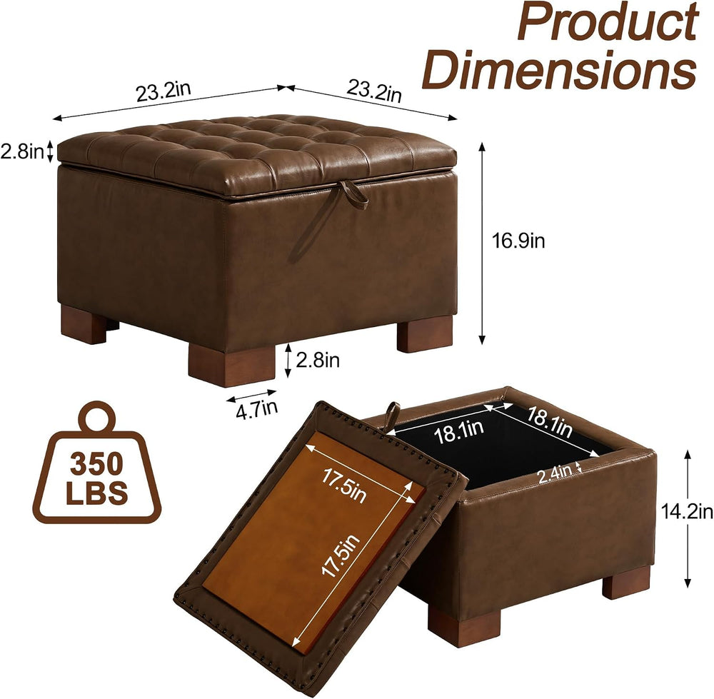WUTUTUEE 24" Faux Leather Square Storage Ottoman with Wooden Tray, Moder...