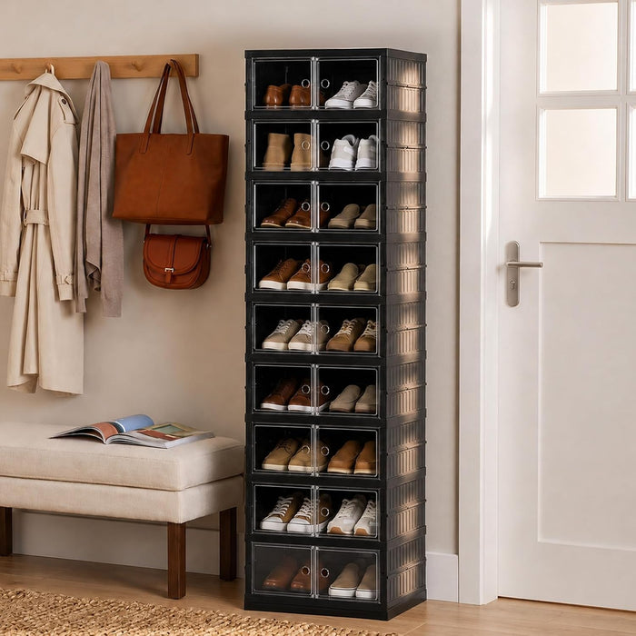 9 Tier Foldable Shoe Rack, Plastic Shoe Storage Cabinet with Clear Doors