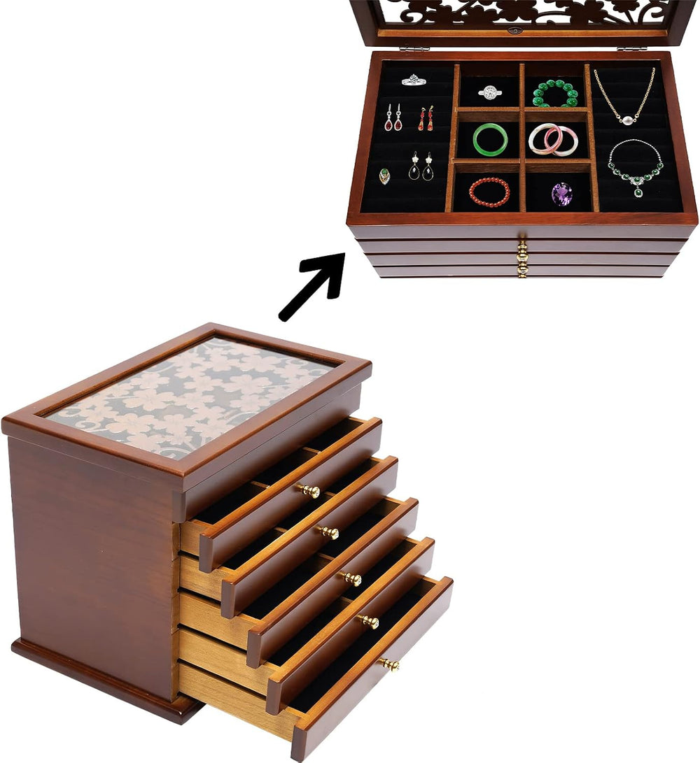 Jewelry Box for Women, 6-Tier large Wooden Jewelry organizer Vintage 5 Drawer...