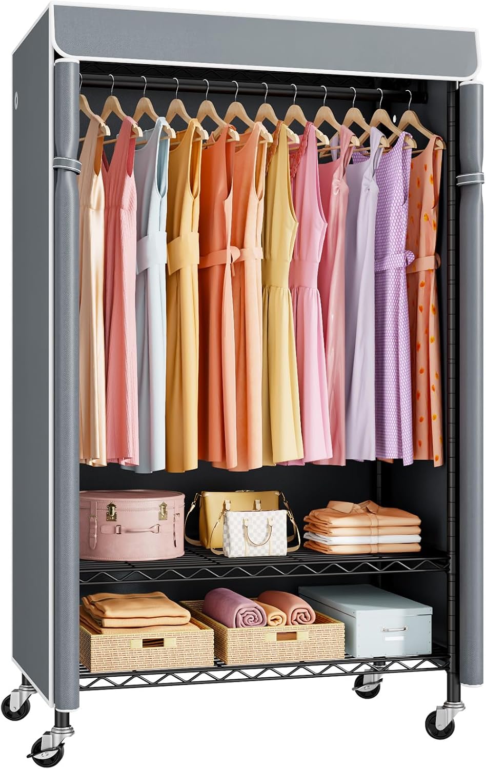 ULIFHOME P6C Rolling Clothes Rack with Cover, 3-Tier Covered Clothing Rack