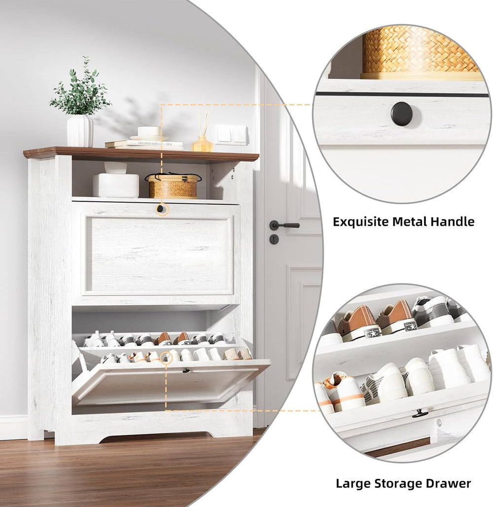 39" Farmhouse Shoe Storage Cabinet with 2 Flip Drawers and Adjustable En...