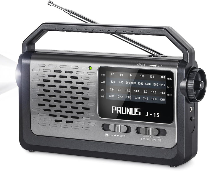 PRUNUS NOAA Weather AM FM Portable Radio,Battery Operated Radio by 3X D Cell Batteries or AC Power with Best Reception,Flashlight, Earphone Jack for Emergency Household&Outdoor,Plug in Wall by J15WB