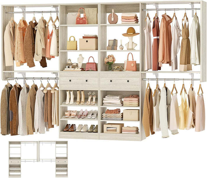 [10 FT Closet System] 120 Inch Reversible Set of 2 Wood Closet Organizer System with 2 Drawers, 4 Hanging Rods Adjustable Shelf, Walk In Closet Organizers with Shoe Rack, Garment Rack, White Oak